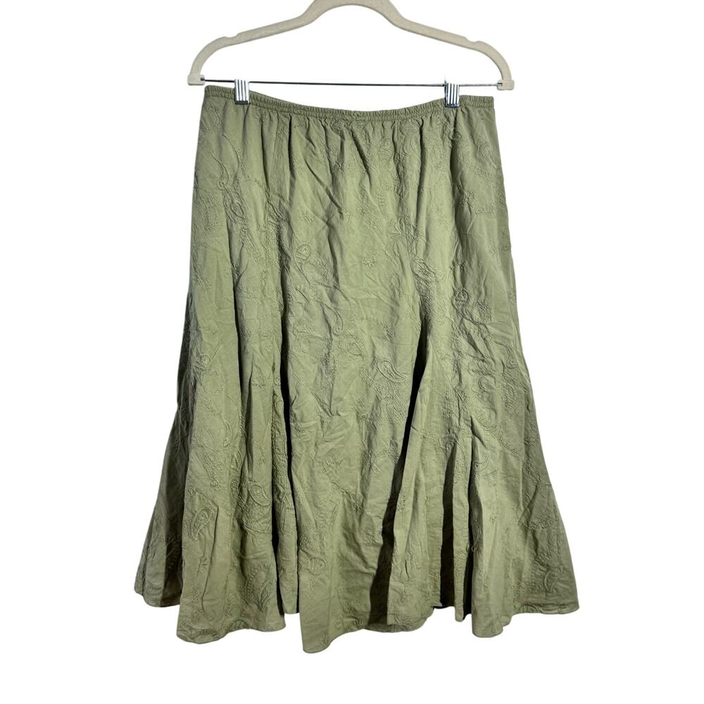 JKLA Bohemian Midi Skirt Women XL Sage Green Floral Embroidery 90s Y2K Cottage